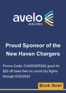 Avelo - Proud Sponsor of the New Haven Chargers! Promo Code: CHARGERS20 good for $20 off base fare on round trip flights through June 30th, 2023. 
