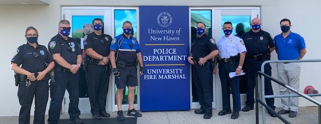 Officers standing outside the office.